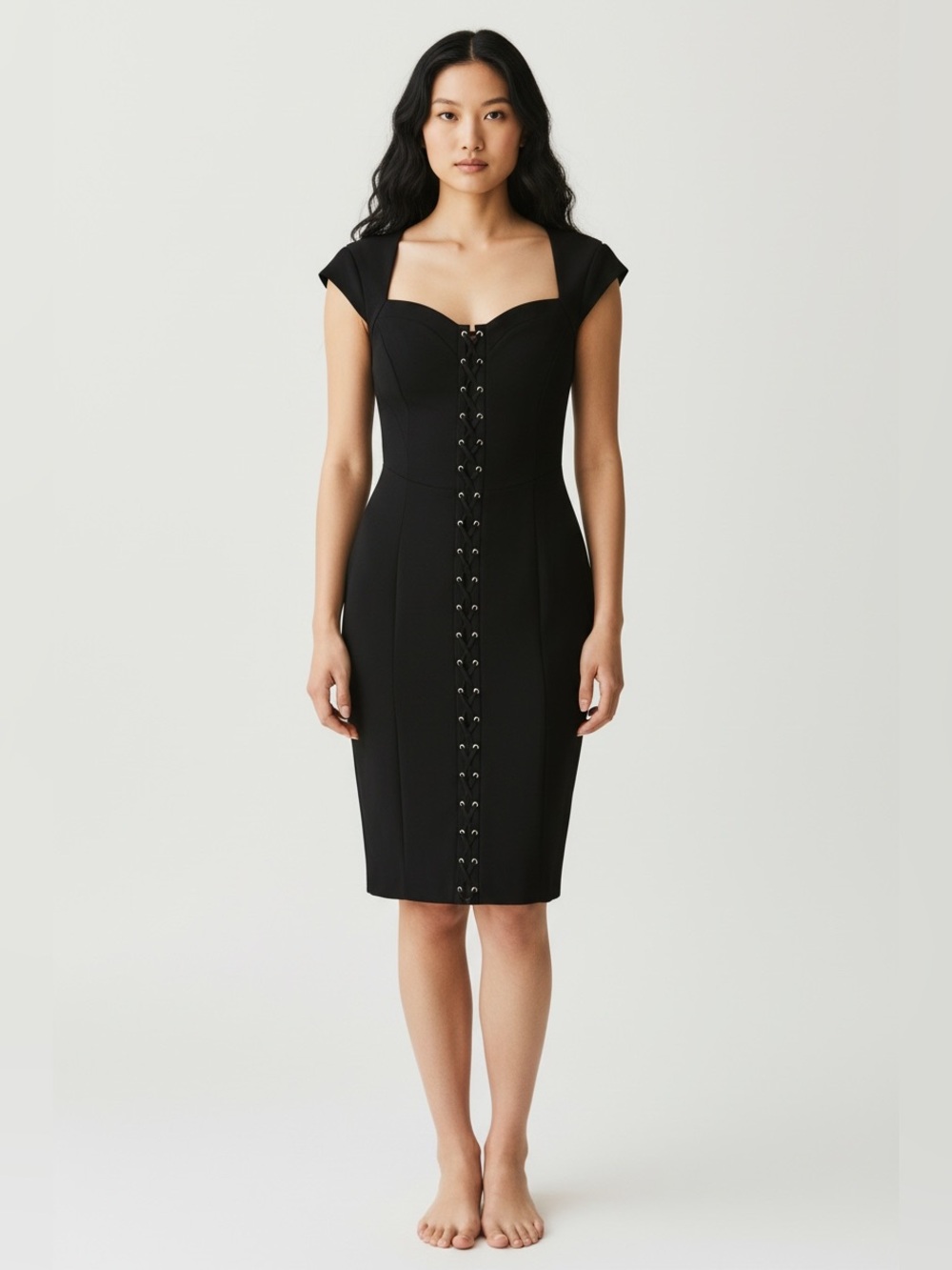 Karen Millen Black Corset Lace Up Sheath Dress UK 10 US 6